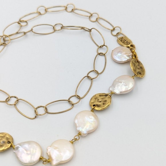 JULIO Coin Pearl Necklace Gold Tone Retired Freshwater Pearl 24 inch long Signed - Picture 8 of 15